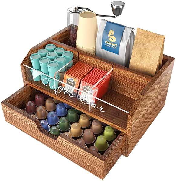 NiHome Solid Wood & Acrylic Coffee Station Organizer with Storage Drawer, Multi-Purpose Adjustable Compartments Coffee Pod Holder for Home, Office, Hotel, Kitchen Counter Storage for Tea, Sugar, Cups - Image 1