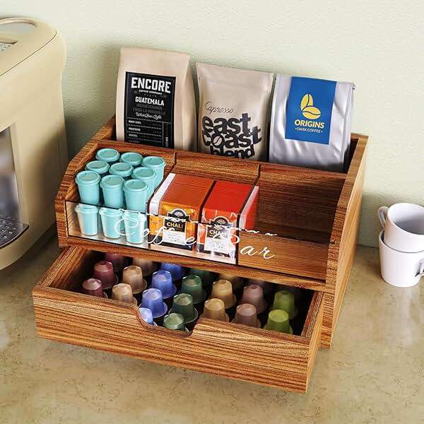 NiHome Solid Wood & Acrylic Coffee Station Organizer with Storage Drawer, Multi-Purpose Adjustable Compartments Coffee Pod Holder for Home, Office, Hotel, Kitchen Counter Storage for Tea, Sugar, Cups - Image 2