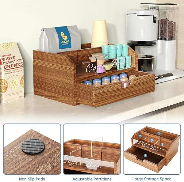 NiHome Solid Wood & Acrylic Coffee Station Organizer with Storage Drawer, Multi-Purpose Adjustable Compartments Coffee Pod Holder for Home, Office, Hotel, Kitchen Counter Storage for Tea, Sugar, Cups - Image 3