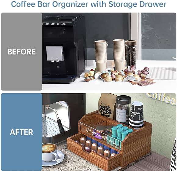 NiHome Solid Wood & Acrylic Coffee Station Organizer with Storage Drawer, Multi-Purpose Adjustable Compartments Coffee Pod Holder for Home, Office, Hotel, Kitchen Counter Storage for Tea, Sugar, Cups - Image 4