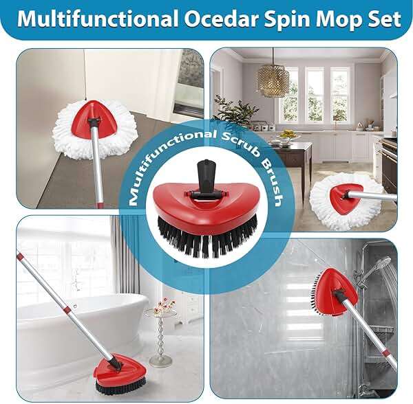 4 Pack Spin Mop Replacement Head Compatible with O Cedar EasyWring 1 Tank Microfiber, 30-58" Handle, Upgraded Triangle Mop Base and Scrub Brush Combo Set - Image 7