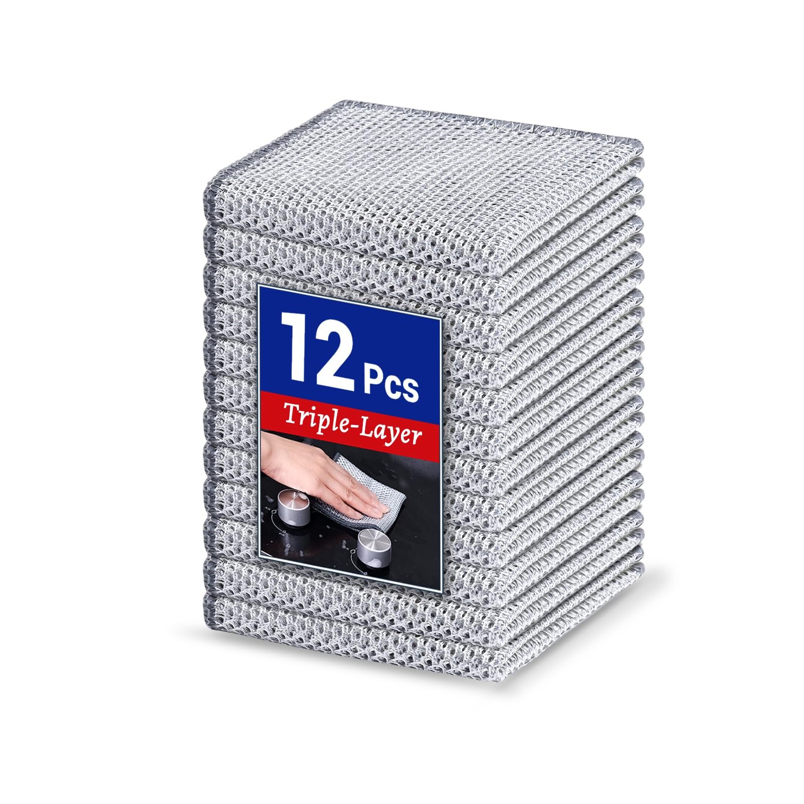12 PCS 3-Layer Non-Scratch Wire Dishcloths, Reusable Quick-Dry Metal Dishwashing Rags for Wet and Dry Use, Multipurpose Cleaning Cloths for Dishes, Pots, Pans, Sinks and Stove Tops, 7.87 x 7.87 in - Product Image