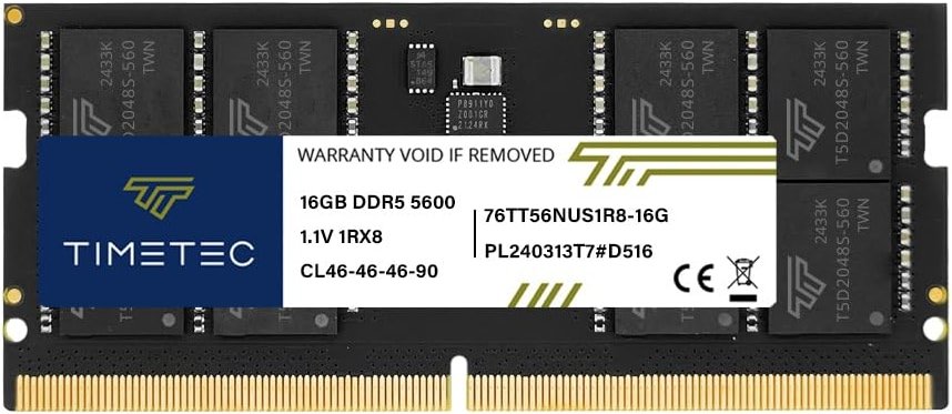 Timetec 16GB DDR5 5600MHz PC5-44800 Unbuffered Non-ECC 1.1V CL46 1Rx8 Single Rank 262Pin SODIMM Laptop Memory RAM Module Upgrade - Product Image