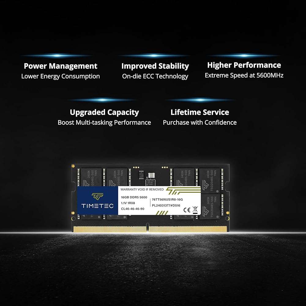 Timetec 16GB DDR5 5600MHz PC5-44800 Unbuffered Non-ECC 1.1V CL46 1Rx8 Single Rank 262Pin SODIMM Laptop Memory RAM Module Upgrade - Image 3