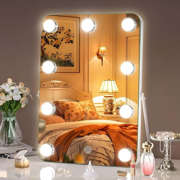 Hasipu Vanity Mirror with Lights, Hollywood 10" x 14" LED Makeup Mirror, 3 Modes Light, Smart Touch Control Dimmable, 360°Rotation, Rounded Rectangle White Frame - Product Image