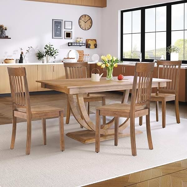 COLAMY Wooden Dining Chairs Set of 4, Spindle High Back Windsor Kitchen Side Chair, Farmhouse Dining Chairs for Kitchen and Dining Room, Light Brown - Product Image