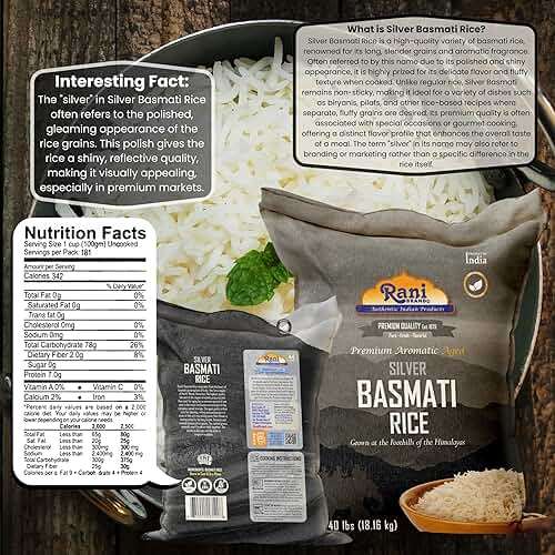 Rani Silver White Basmati Rice Extra Long Aged 40-Pound Bag, 640oz (40lbs) 18.16kg ~ All Natural | Gluten Friendly | Vegan | Indian Origin | Kosher | Export Quality - Image 2