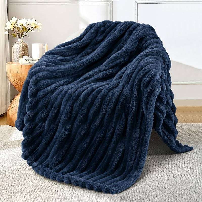 Exclusivo Mezcla Fleece Throw Blanket for Couch, Super Soft Striped Jacquard Bed Blanket, Lightweight Fuzzy Cozy for All Seasons, 50x60 Inches, Navy Blue - Image 1