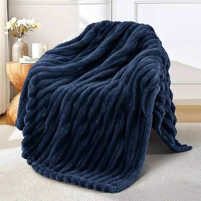 Exclusivo Mezcla Fleece Throw Blanket for Couch, Super Soft Striped Jacquard Bed Blanket, Lightweight Fuzzy Cozy for All Seasons, 50x60 Inches, Navy Blue - Product Image