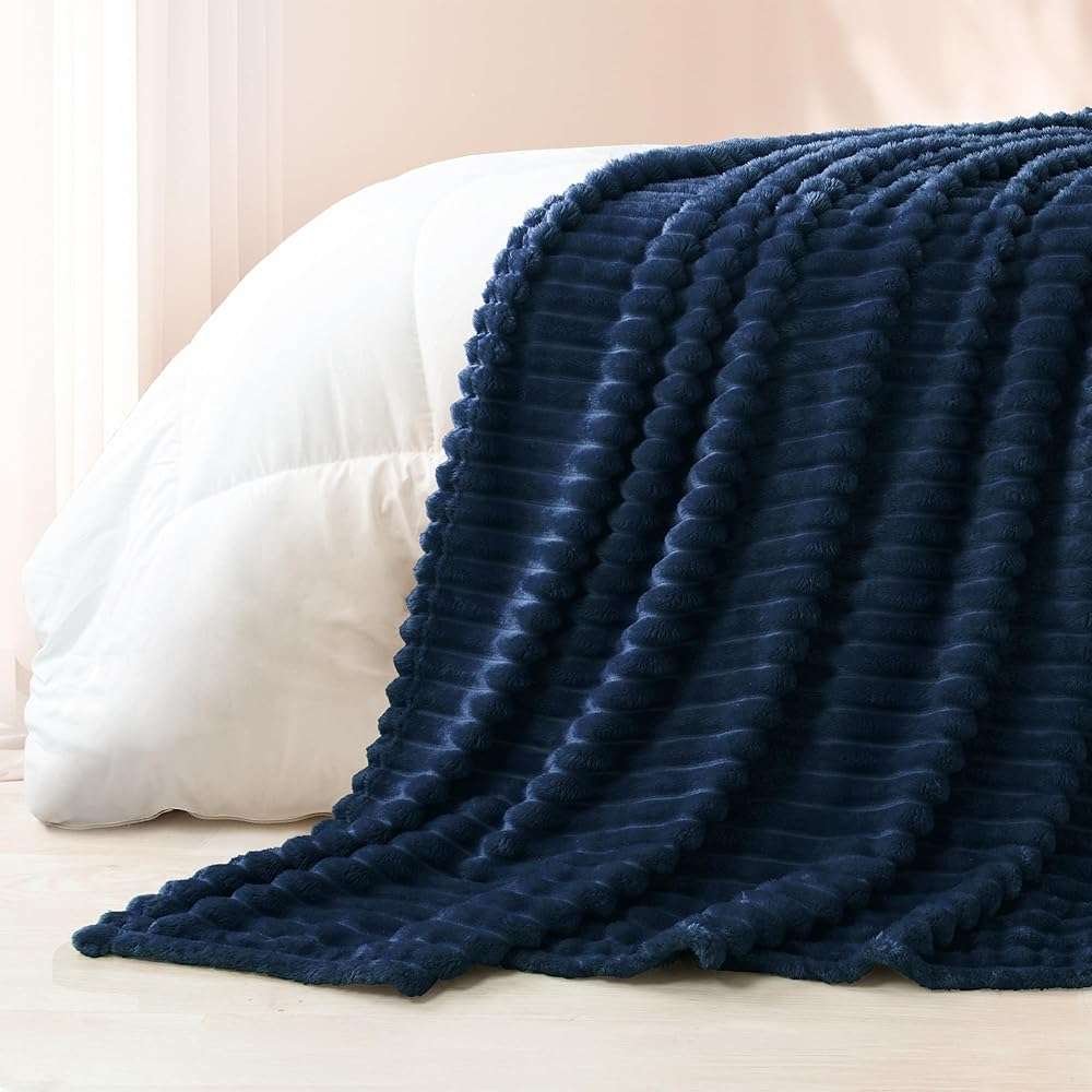 Exclusivo Mezcla Fleece Throw Blanket for Couch, Super Soft Striped Jacquard Bed Blanket, Lightweight Fuzzy Cozy for All Seasons, 50x60 Inches, Navy Blue - Image 7