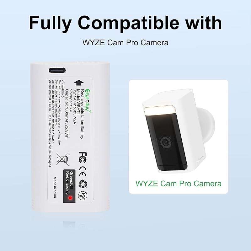 Eeyrnduy WBAT1 Removable Battery Pack for WYZE Cam Pro Camera, 7000mAh Rechargeable Replacement Battery, 3.7V Lithium Battery with Type-C Cable - Image 3