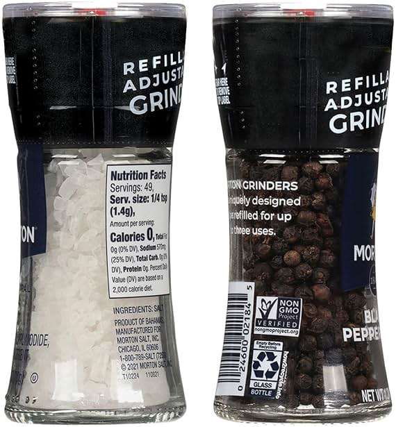 Morton Grinder Set - Sea Salt (2.5 oz) & Black Peppercorn (1.25 oz), 2-Pack, Adjustable & Refillable, Perfect for Cooking, Seasoning, and Finishing - Image 3