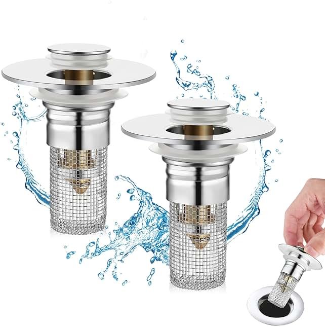 Nevellir 2 Pack Bathroom Sink Stopper for 1.06-1.50in, Universal Drain Filter with Hair Strainer, Universal Bathroom Sink Drain Pop Up Stopper for US Stainless Steel Floor Drain Filter - Product Image