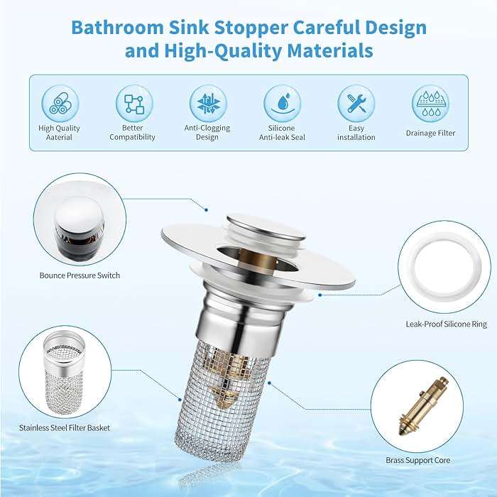 Nevellir 2 Pack Bathroom Sink Stopper for 1.06-1.50in, Universal Drain Filter with Hair Strainer, Universal Bathroom Sink Drain Pop Up Stopper for US Stainless Steel Floor Drain Filter - Image 3