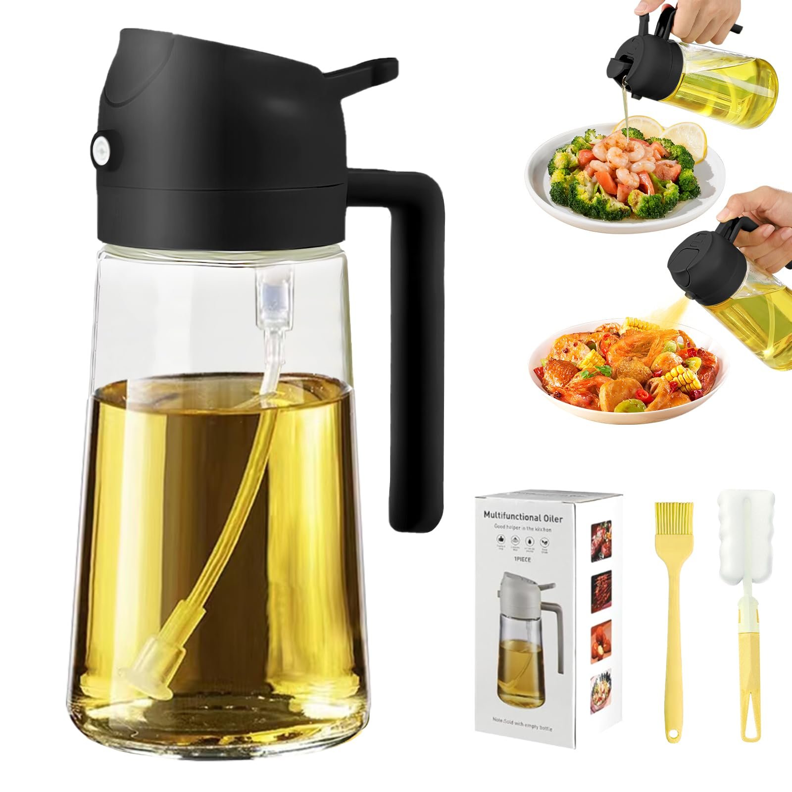 PLAPITATE Oil Dispenser for Kitchen, 2 in 1 Olive Oil Sprayer, Olive Oil Dispenser Spray Bottle with Brush, Oil Sprayer for Cooking for Air Fryer, Barbecue, Salad 16oz/470ml (Black) - Product Image