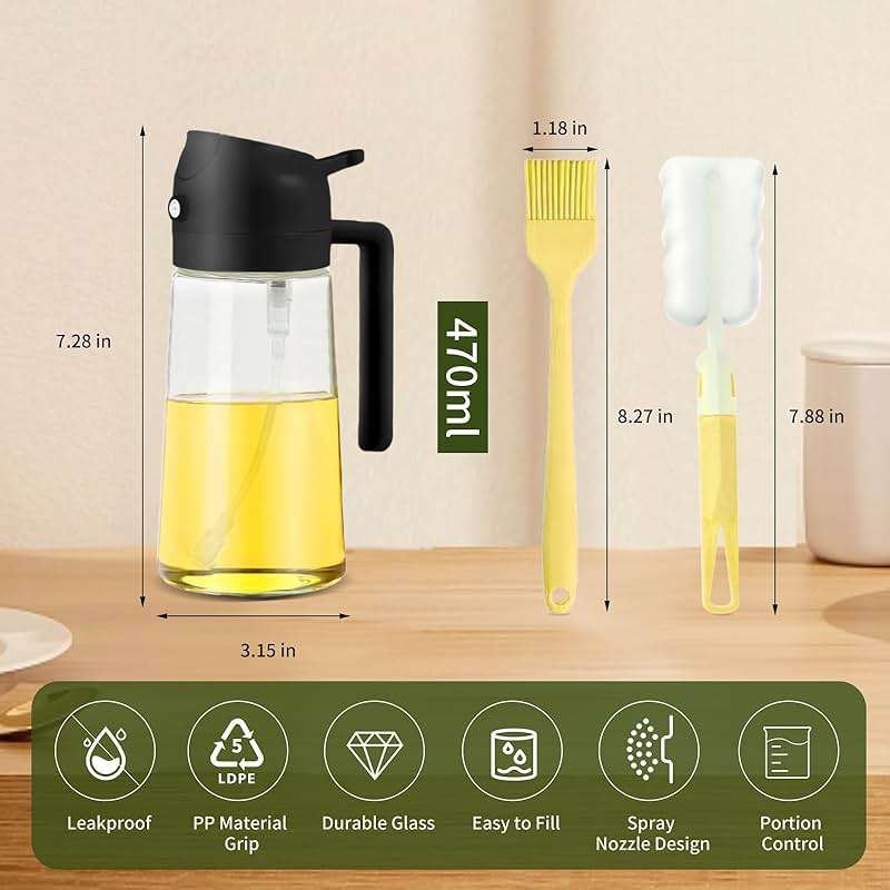 PLAPITATE Oil Dispenser for Kitchen, 2 in 1 Olive Oil Sprayer, Olive Oil Dispenser Spray Bottle with Brush, Oil Sprayer for Cooking for Air Fryer, Barbecue, Salad 16oz/470ml (Black) - Image 3