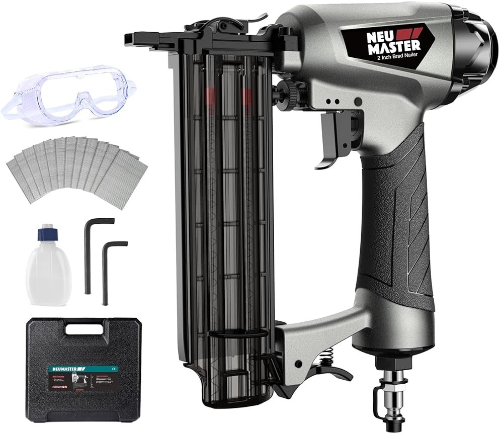 NEU MASTER 18 Gauge Brad Nailer, Pneumatic Nail Gun with Carrying Case & 800pcs Nails, Fires 5/8 to 2-Inch Brad Nails, Tool-Free Depth Adjustment, 360° Adjustable Exhaust, for Woodworking & Crafts - Product Image