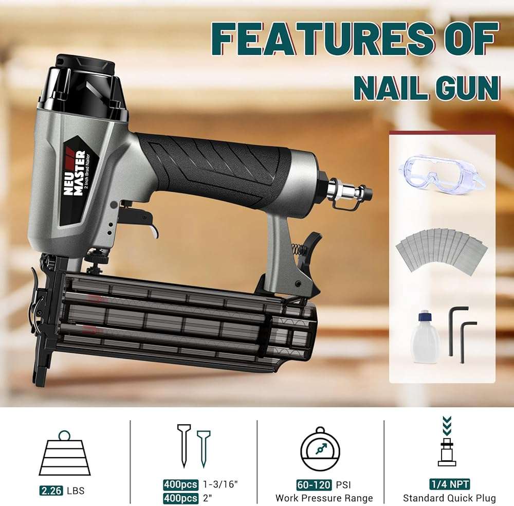 NEU MASTER 18 Gauge Brad Nailer, Pneumatic Nail Gun with Carrying Case & 800pcs Nails, Fires 5/8 to 2-Inch Brad Nails, Tool-Free Depth Adjustment, 360° Adjustable Exhaust, for Woodworking & Crafts - Image 2