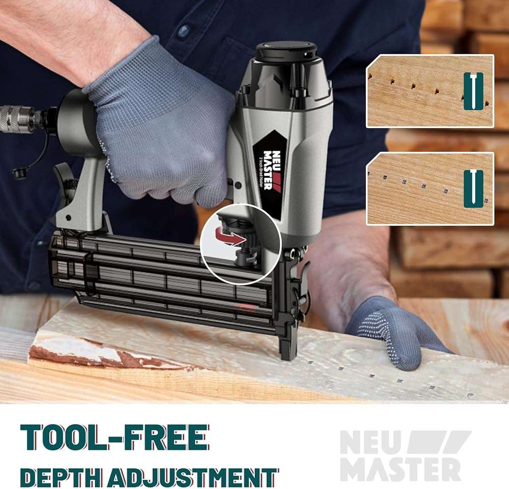 NEU MASTER 18 Gauge Brad Nailer, Pneumatic Nail Gun with Carrying Case & 800pcs Nails, Fires 5/8 to 2-Inch Brad Nails, Tool-Free Depth Adjustment, 360° Adjustable Exhaust, for Woodworking & Crafts - Image 3
