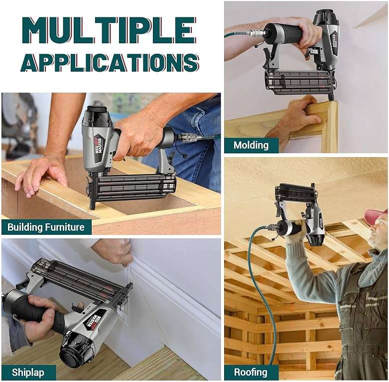 NEU MASTER 18 Gauge Brad Nailer, Pneumatic Nail Gun with Carrying Case & 800pcs Nails, Fires 5/8 to 2-Inch Brad Nails, Tool-Free Depth Adjustment, 360° Adjustable Exhaust, for Woodworking & Crafts - Image 6