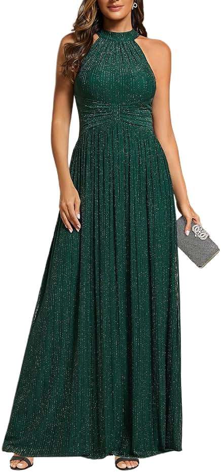 Ever-Pretty Women's Elegant Halter Formal Dresses Evening Gowns Pleated Glitter Floor Length Wedding Guest Dress 41961 - Image 1