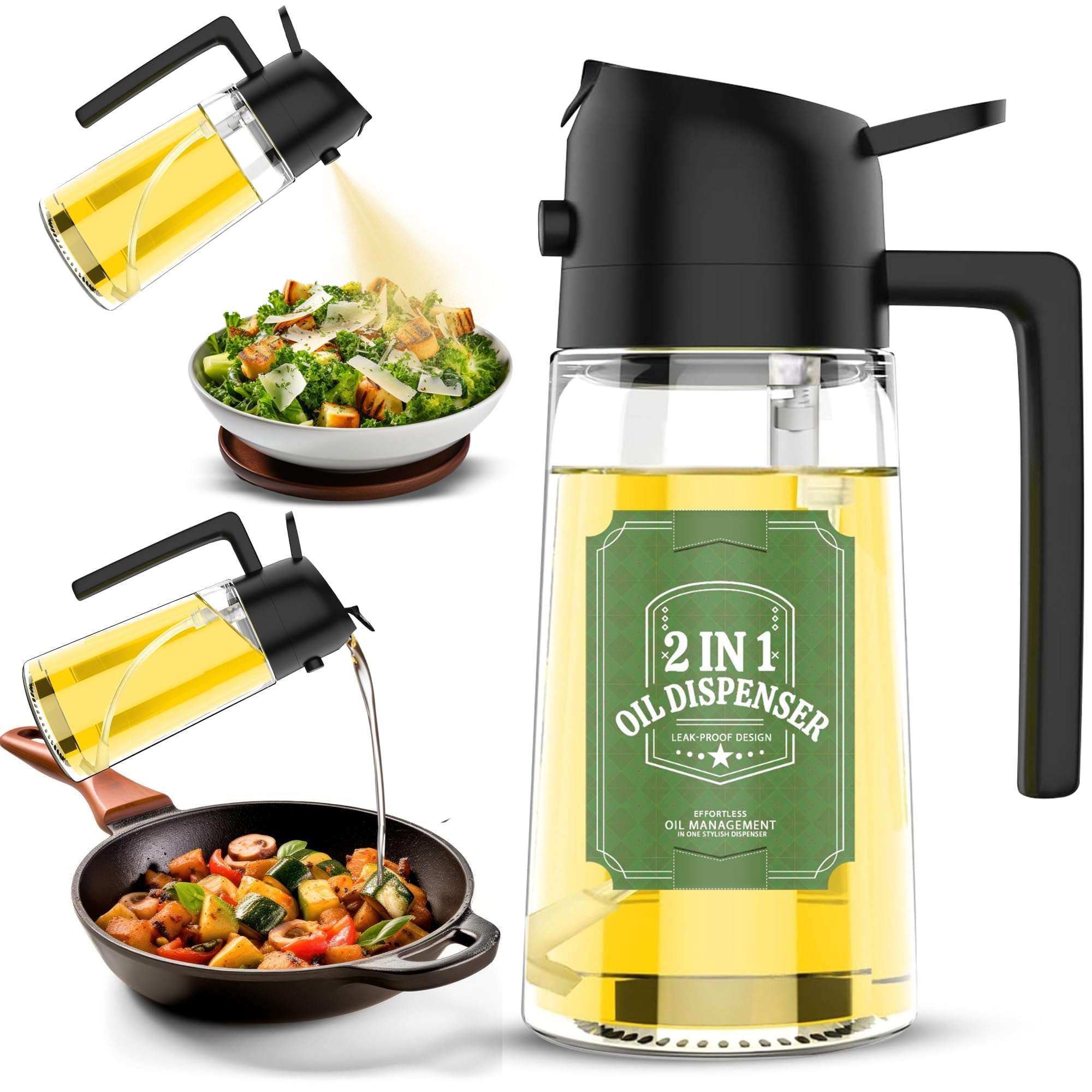 Oil Dispenser for Kitchen – Oil Sprayer for Cooking and Olive Oil Dispenser Spray Bottle, 2 in 1 Oil Dispenser and Oil Sprayer, Pourer & Oil Mister for Air Fryer, Barbecue, Salad 16oz/470ml (Black) - Image 1