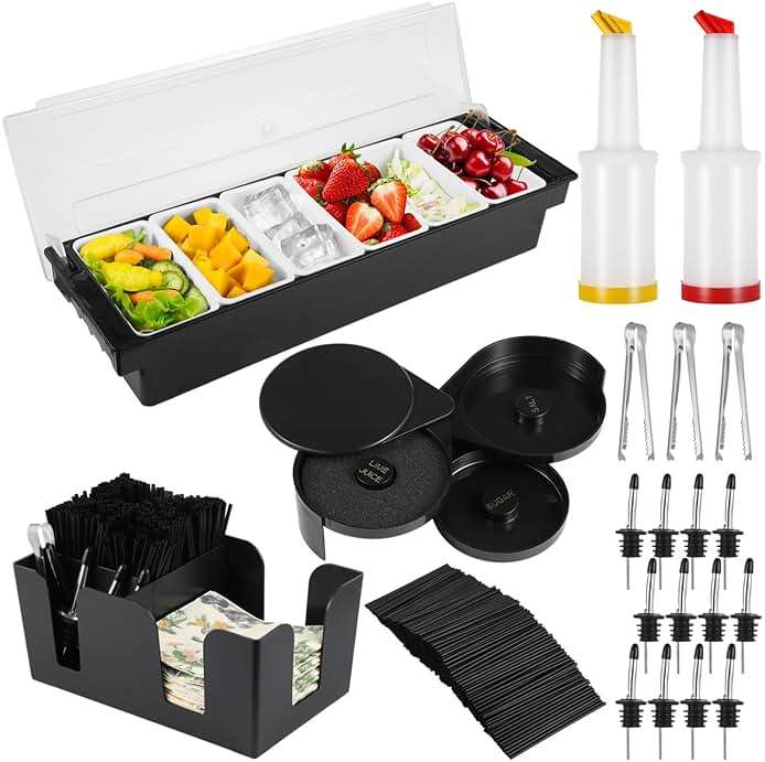 Bar Garnish Tray with Lid - 6-Grid Fruit Container, 3-Tier Bar Rimmers, 12 Stainless Steel Classic Bottle Pourers, 2 Plastic Juice Pour Bottles, 1000 Count Cocktail Stirrers, 3 Serving Tongs Set - Image 1