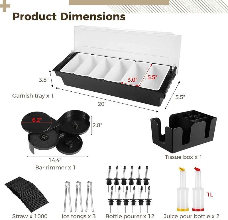Bar Garnish Tray with Lid - 6-Grid Fruit Container, 3-Tier Bar Rimmers, 12 Stainless Steel Classic Bottle Pourers, 2 Plastic Juice Pour Bottles, 1000 Count Cocktail Stirrers, 3 Serving Tongs Set - Image 2