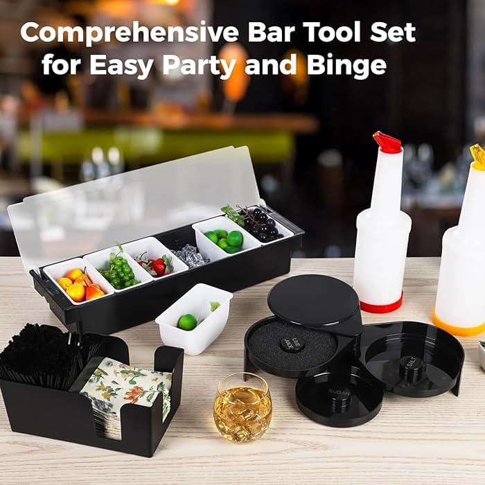 Bar Garnish Tray with Lid - 6-Grid Fruit Container, 3-Tier Bar Rimmers, 12 Stainless Steel Classic Bottle Pourers, 2 Plastic Juice Pour Bottles, 1000 Count Cocktail Stirrers, 3 Serving Tongs Set - Image 3