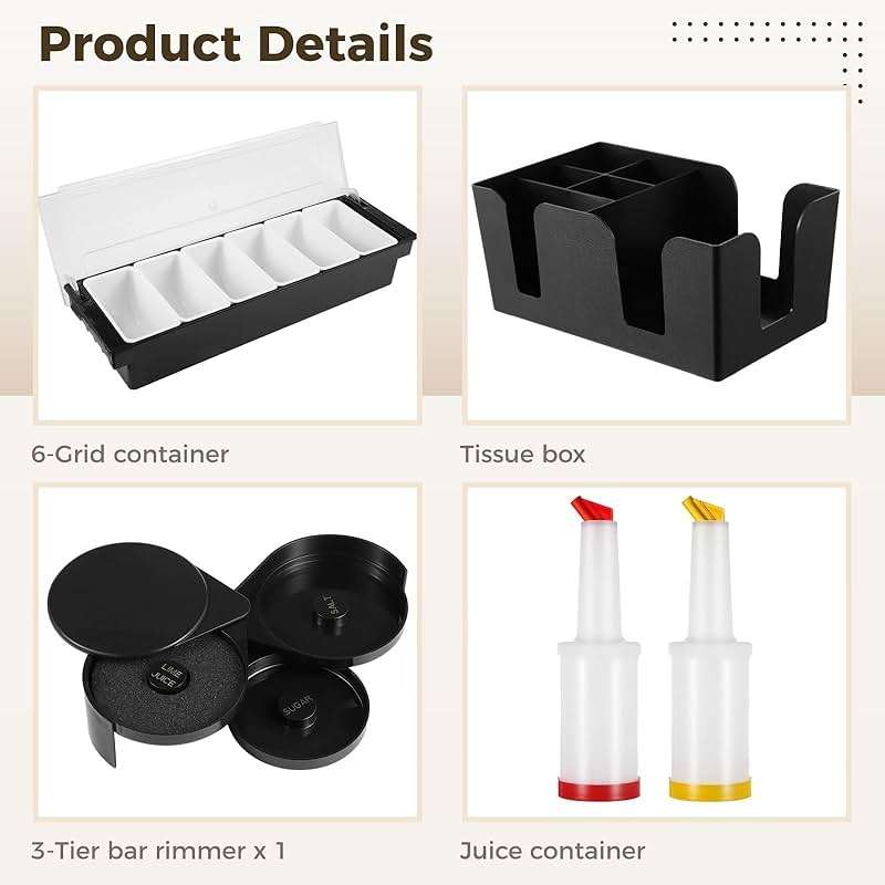Bar Garnish Tray with Lid - 6-Grid Fruit Container, 3-Tier Bar Rimmers, 12 Stainless Steel Classic Bottle Pourers, 2 Plastic Juice Pour Bottles, 1000 Count Cocktail Stirrers, 3 Serving Tongs Set - Image 4