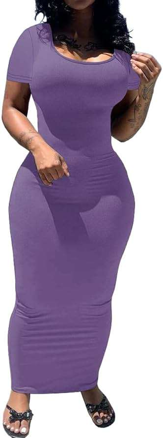 PINSV Women's Casual Bodycon Maxi Dress Summer Scoop Neck Short Sleeve Long Fitted Dresses Club Party - Image 1