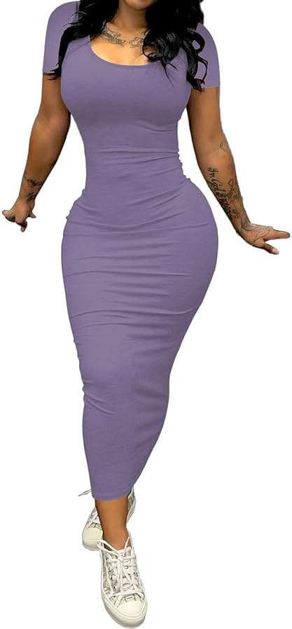 PINSV Women's Casual Bodycon Maxi Dress Summer Scoop Neck Short Sleeve Long Fitted Dresses Club Party - Image 2