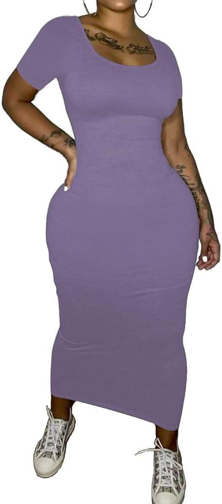 PINSV Women's Casual Bodycon Maxi Dress Summer Scoop Neck Short Sleeve Long Fitted Dresses Club Party - Image 3