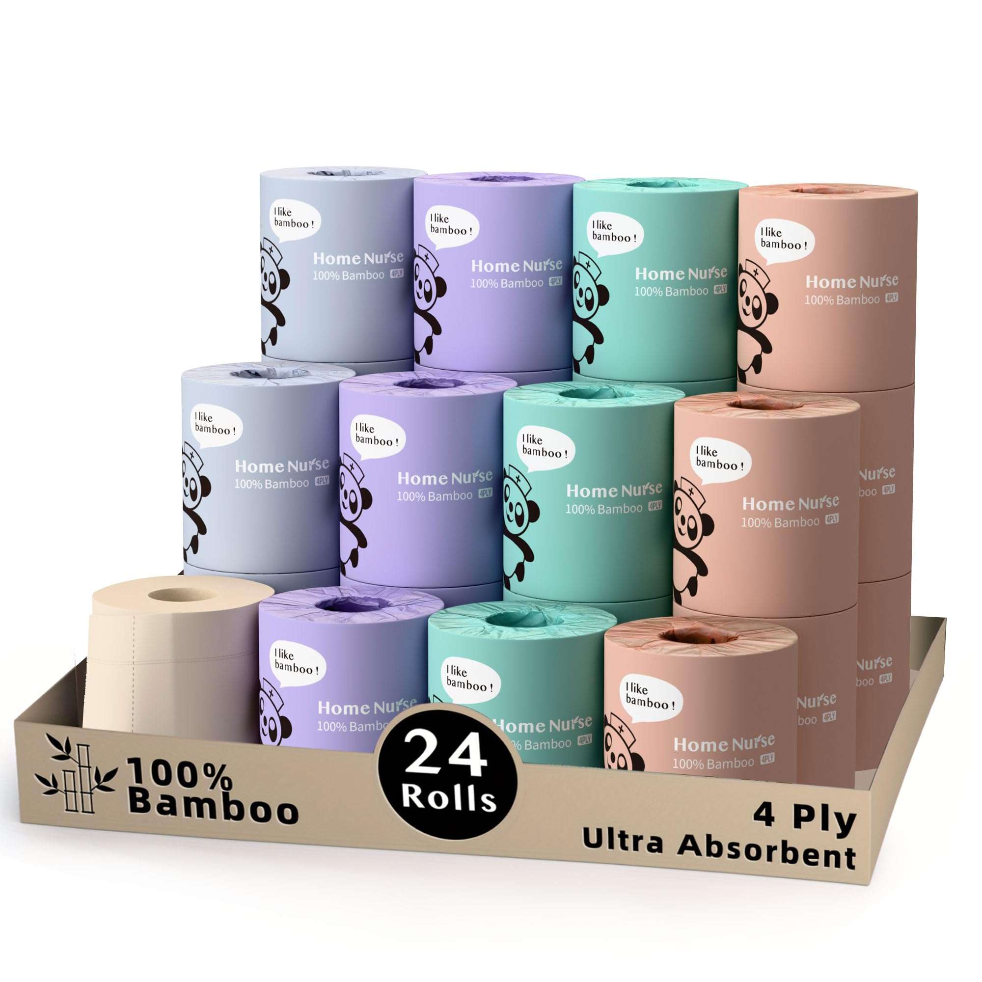 Home Nurse 4-Ply Bamboo Toilet Paper 24 Rolls – Macaron, Family Use | Unbleached, Unscented, Lint-free, Dissolves in ~30 sec, Septic & RV Safe, Strong For Everyday Family Use - Image 1