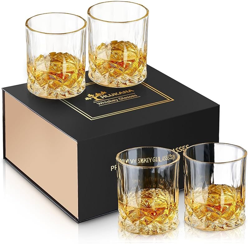 Hlukana Luxury Box Old Fashioned Whiskey Glasses Set of 4, 11 OZ Cocktail Glasses, Bourbon Rocks Scotch Glasses, Barware for Scotch Rum Vodka Liquor, Gifts for Men Father Grandfather Boss - Product Image