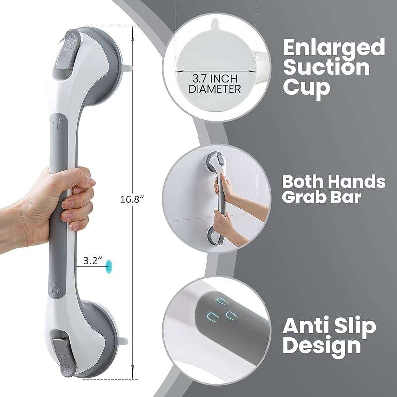 TAILI 16 Inch Suction Cup Grab Bars for Bathroom & Shower, Heavy Duty Bathtub Grip, Grey & Blue - Image 2