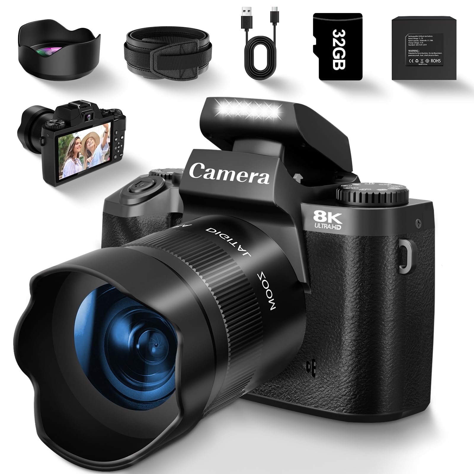 8K Digital Camera for Photography, Vlogging Camera for YouTube with Autofocus, 4 Inch Touchscreen 16X Digital Zoom Video Camera with 3000mAh Battery, Dual-Lens, Lens Hood, 32GB TF Card and Flash,Black - Product Image