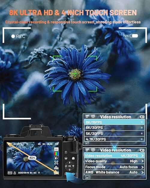 8K Digital Camera for Photography, Vlogging Camera for YouTube with Autofocus, 4 Inch Touchscreen 16X Digital Zoom Video Camera with 3000mAh Battery, Dual-Lens, Lens Hood, 32GB TF Card and Flash,Black - Image 3