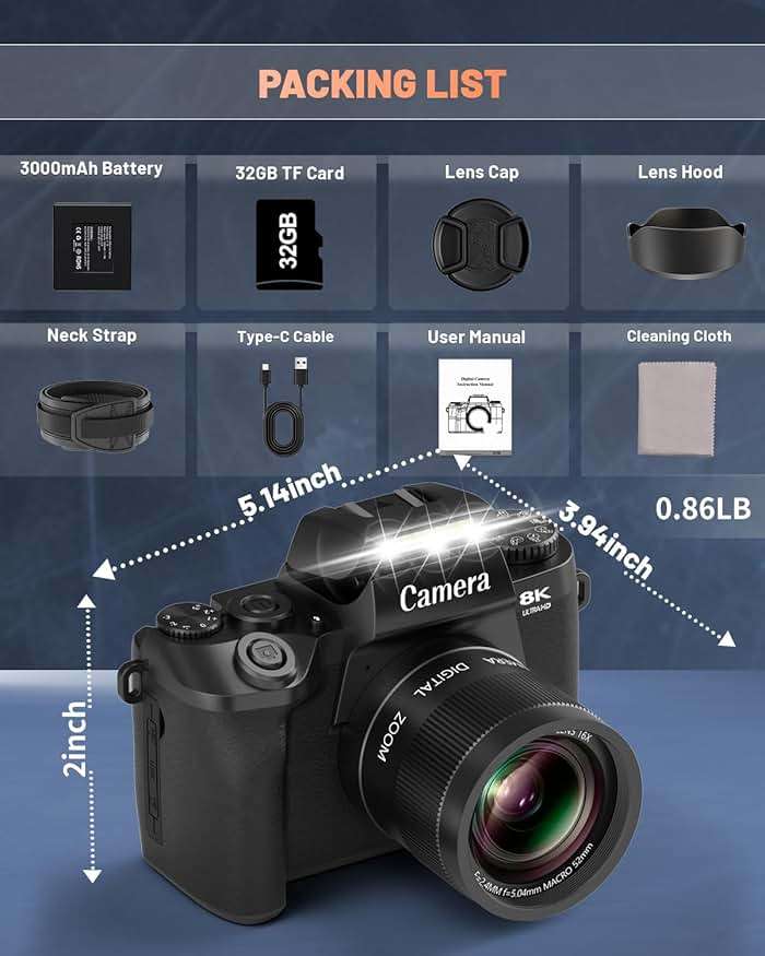 8K Digital Camera for Photography, Vlogging Camera for YouTube with Autofocus, 4 Inch Touchscreen 16X Digital Zoom Video Camera with 3000mAh Battery, Dual-Lens, Lens Hood, 32GB TF Card and Flash,Black - Image 8