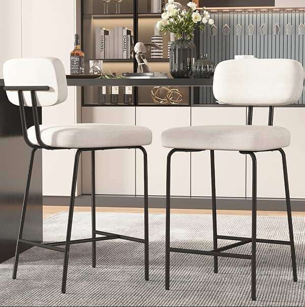 GXJ Bar Stools Set of 2, Kitchen Counter stools with Backs and Metal Legs, 26 inch Barstools for Counter Height, Fabric in White - Image 1
