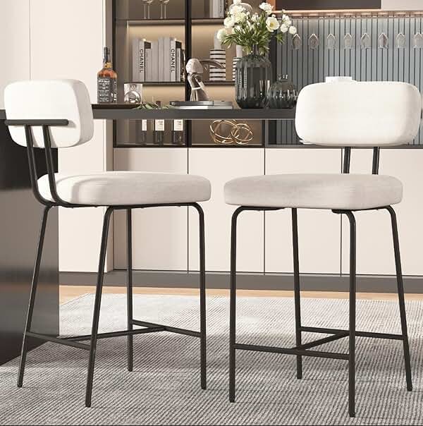GXJ Bar Stools Set of 2, Kitchen Counter stools with Backs and Metal Legs, 26 inch Barstools for Counter Height, Fabric in White - Product Image
