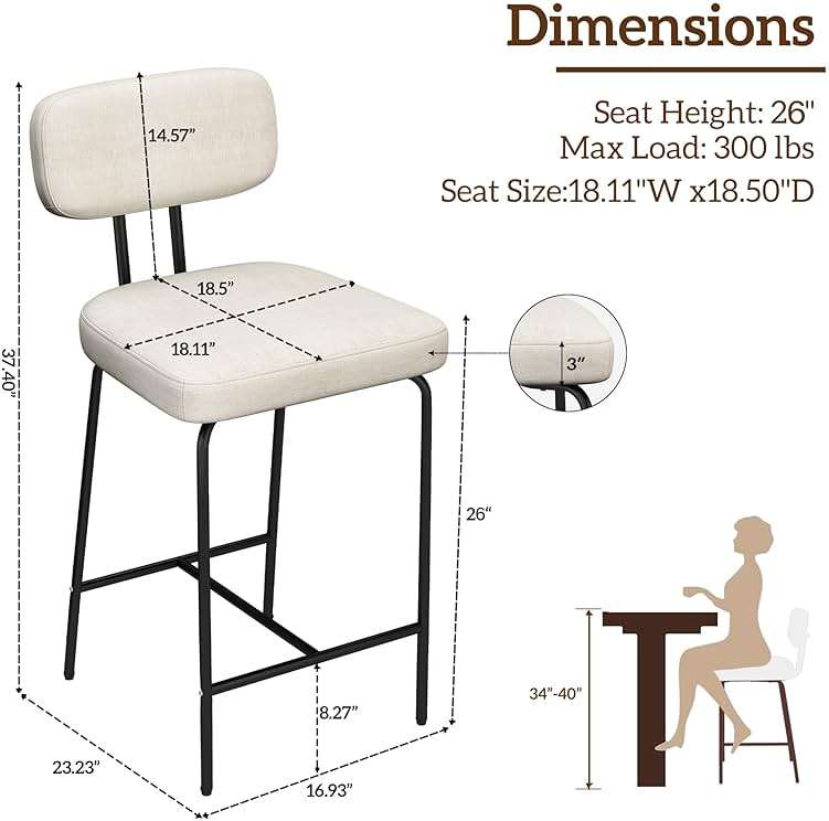 GXJ Bar Stools Set of 2, Kitchen Counter stools with Backs and Metal Legs, 26 inch Barstools for Counter Height, Fabric in White - Image 2