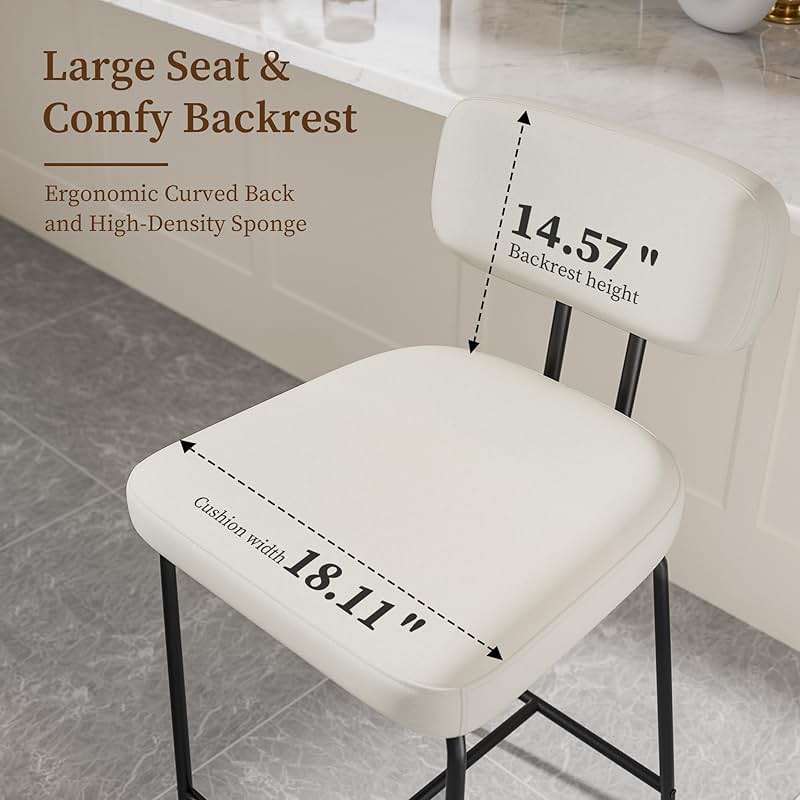 GXJ Bar Stools Set of 2, Kitchen Counter stools with Backs and Metal Legs, 26 inch Barstools for Counter Height, Fabric in White - Image 3