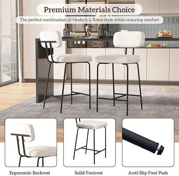 GXJ Bar Stools Set of 2, Kitchen Counter stools with Backs and Metal Legs, 26 inch Barstools for Counter Height, Fabric in White - Image 4