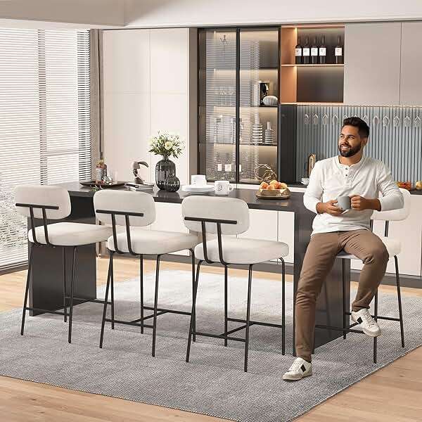 GXJ Bar Stools Set of 2, Kitchen Counter stools with Backs and Metal Legs, 26 inch Barstools for Counter Height, Fabric in White - Image 7