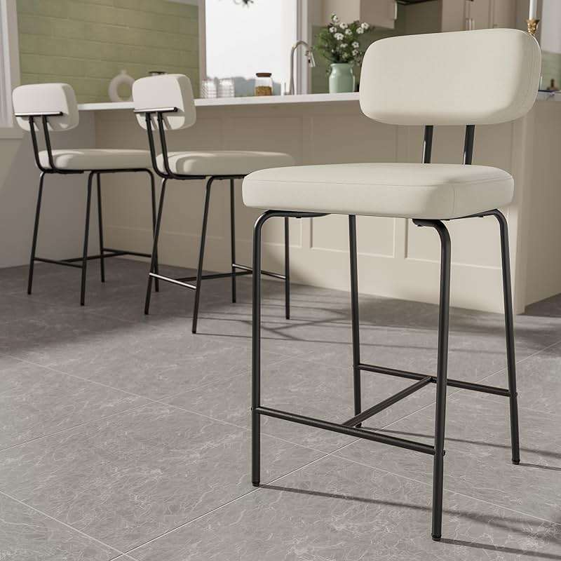 GXJ Bar Stools Set of 2, Kitchen Counter stools with Backs and Metal Legs, 26 inch Barstools for Counter Height, Fabric in White - Image 8