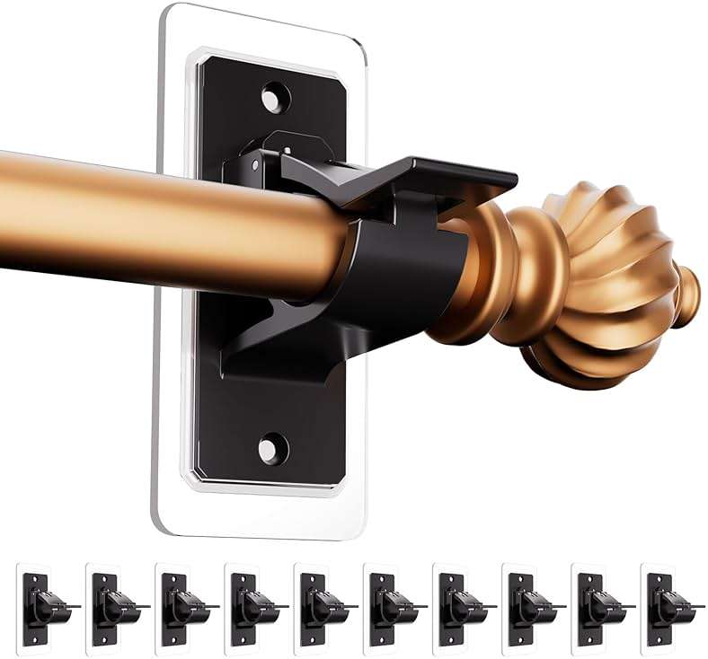 MUAKIOY No Drill Curtain Rod Brackets, (10 Pack) Heavy Duty Self Adhesive Curtain Rod Holders, Adjustable Curtains Hooks for 0.5-1.18 Inch Poles, Black Curtain Hangers Mounting for Bedroom Kitchen - Image 1