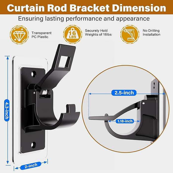 MUAKIOY No Drill Curtain Rod Brackets, (10 Pack) Heavy Duty Self Adhesive Curtain Rod Holders, Adjustable Curtains Hooks for 0.5-1.18 Inch Poles, Black Curtain Hangers Mounting for Bedroom Kitchen - Image 2