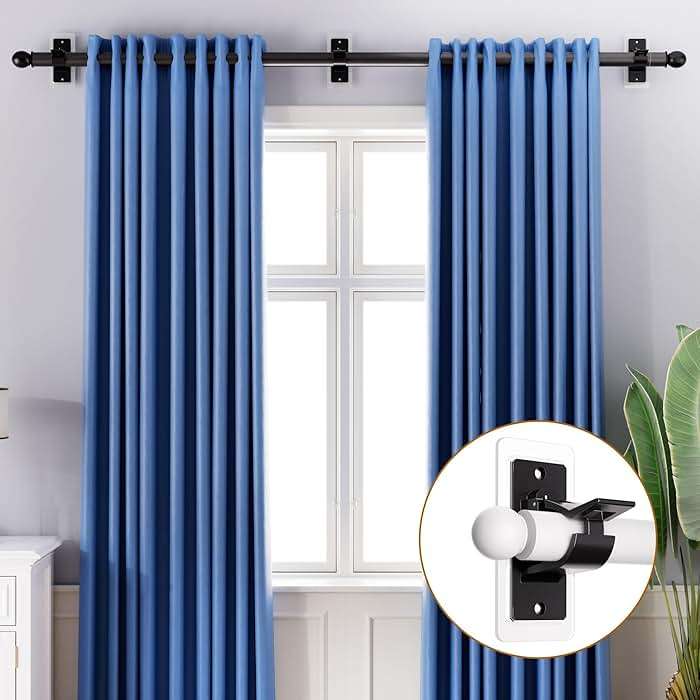 MUAKIOY No Drill Curtain Rod Brackets, (10 Pack) Heavy Duty Self Adhesive Curtain Rod Holders, Adjustable Curtains Hooks for 0.5-1.18 Inch Poles, Black Curtain Hangers Mounting for Bedroom Kitchen - Image 3