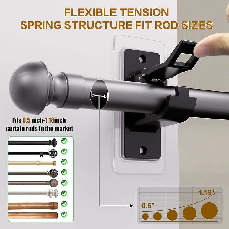 MUAKIOY No Drill Curtain Rod Brackets, (10 Pack) Heavy Duty Self Adhesive Curtain Rod Holders, Adjustable Curtains Hooks for 0.5-1.18 Inch Poles, Black Curtain Hangers Mounting for Bedroom Kitchen - Image 4
